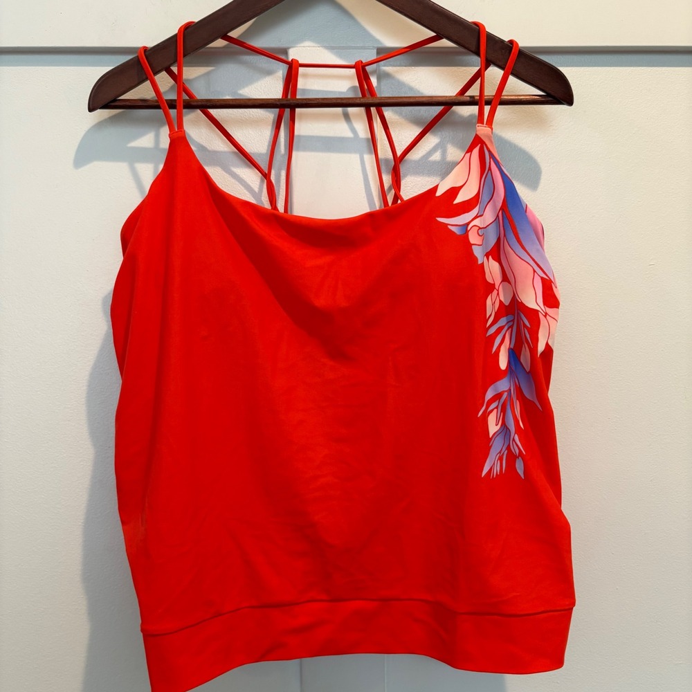 Athleta Tankini Swim Top Womens L Red Floral Strappy Back Built-in Bra